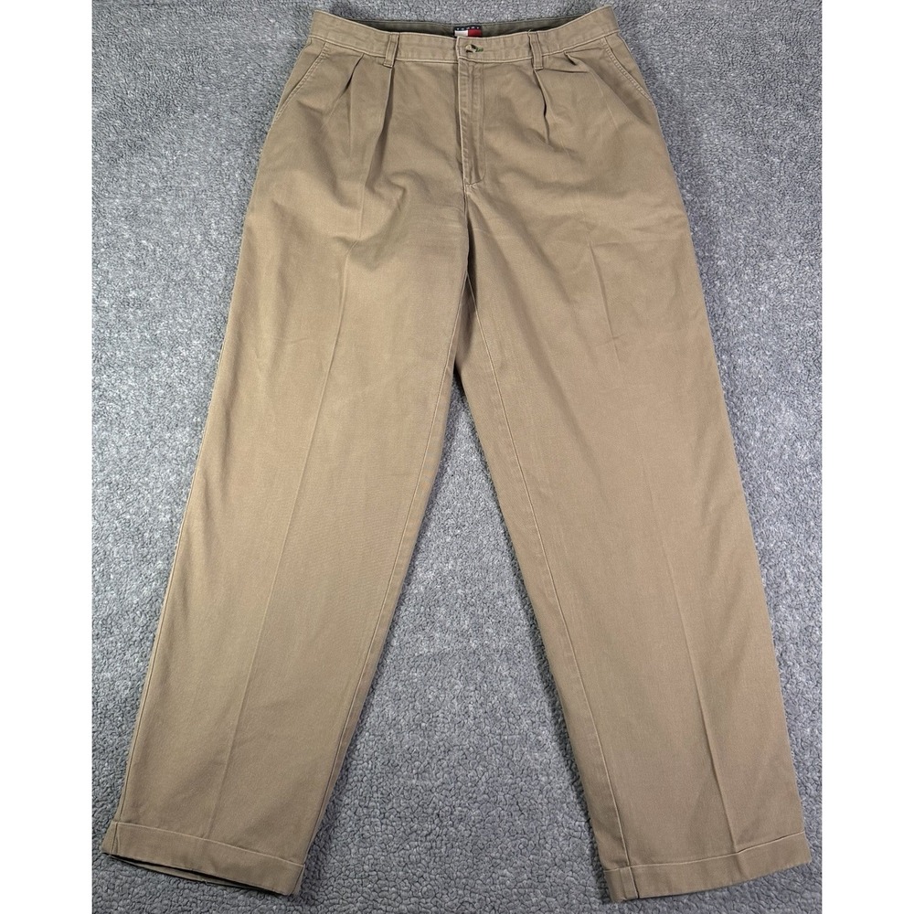VTG 90s Y2K Tommy Hilfiger Mens 35x32 Khaki Pleated Cuffed Pants Wide Leg Cotton